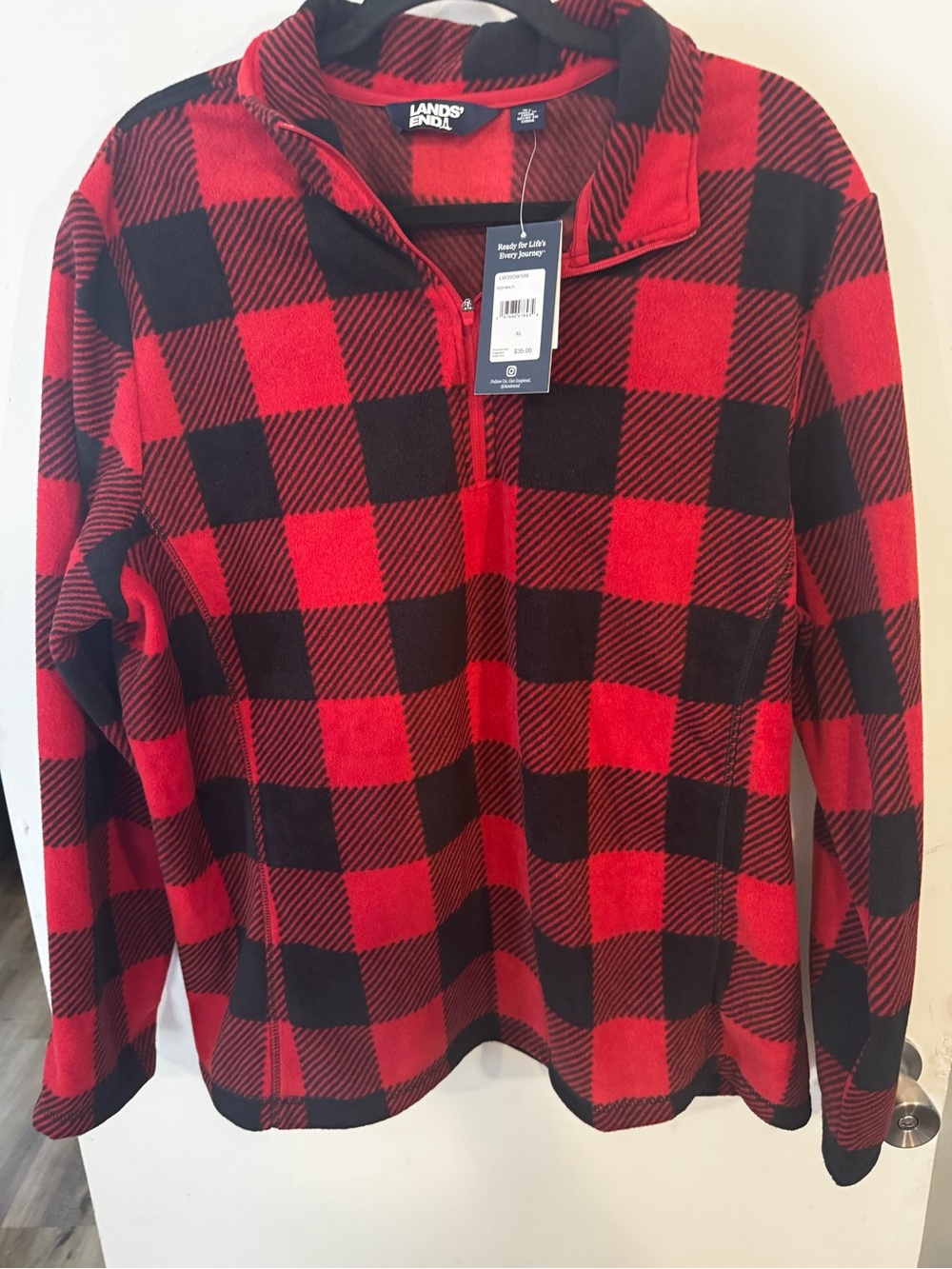 Lands' End Red and Black Buffalo Plaid Quarter-Zip Fleece